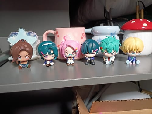 Customer's six Alien Stage Anakt High School Series figures displayed in a line on a shelf next to mugs.
