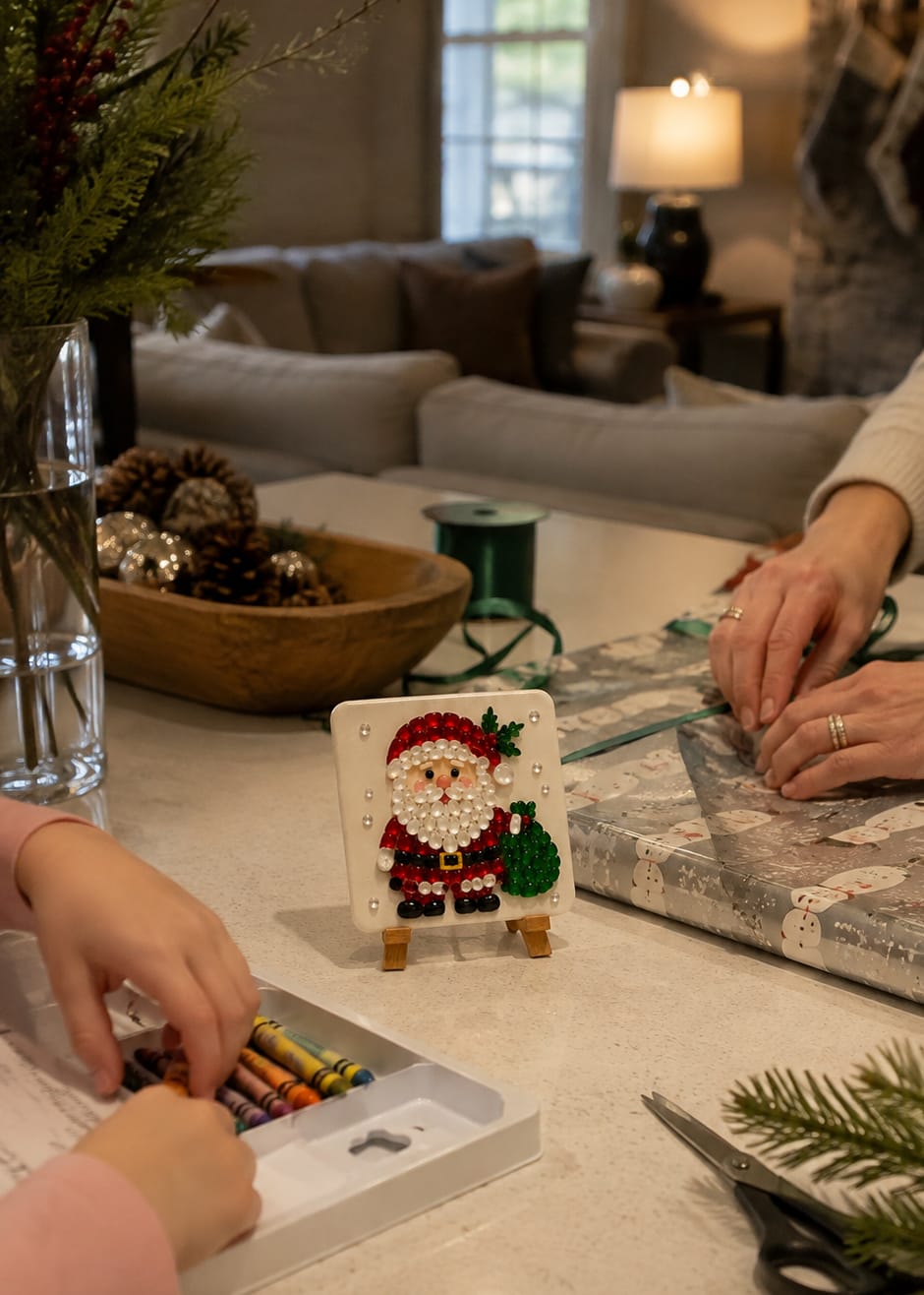 Customer photo review of Christmas Acrylic Glass Mosaic DIY Craft Kit – Holiday Craft Gift for Kids, Adults & Families with Wooden Display Stand