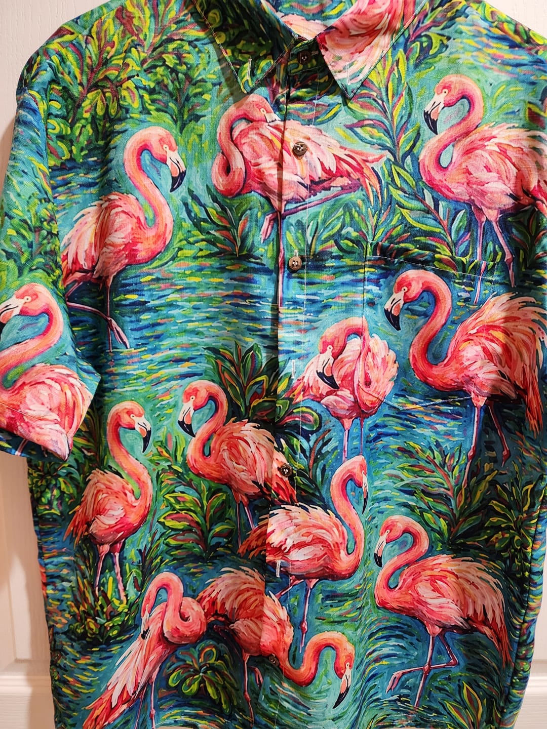 Customer photo review of FLAMINGO ART PATTERN BUTTON-DOWN COLLAR SHIRT - TLHG1906262