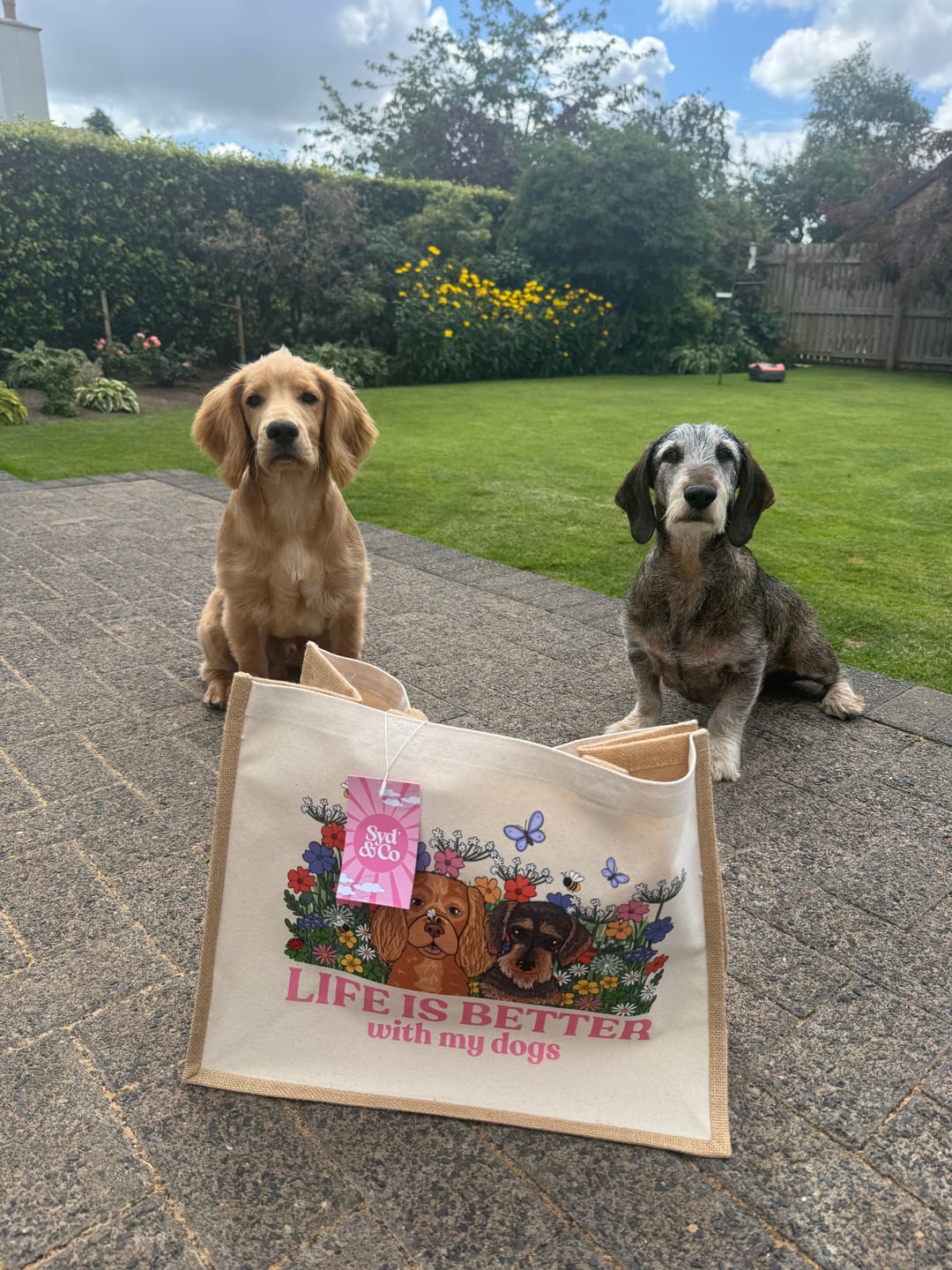 Customer photo review of Wildflower Life is Better with your Dog Jute Tote Bag