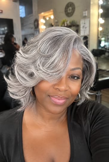 Customer photo review of Luvwin Silver Gray Custom Layered Cut Side Part Hair Salt And Pepper Real Human Hair