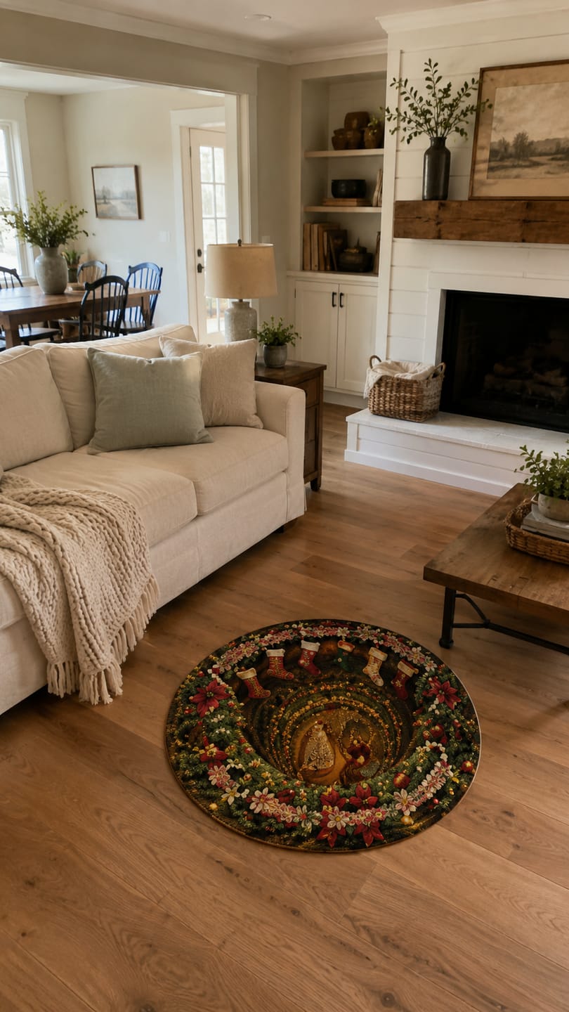Customer photo review of Christmas 3D Vortex Optical Illusion Round Rug Non-Slip Decorative Floor Mat, Winter Snow Forest Deer Snowman Vintage Red Truck Cabin Wreath Pattern, Indoor Holiday Home Decor Gift For Family, Christmas Enthusiasts