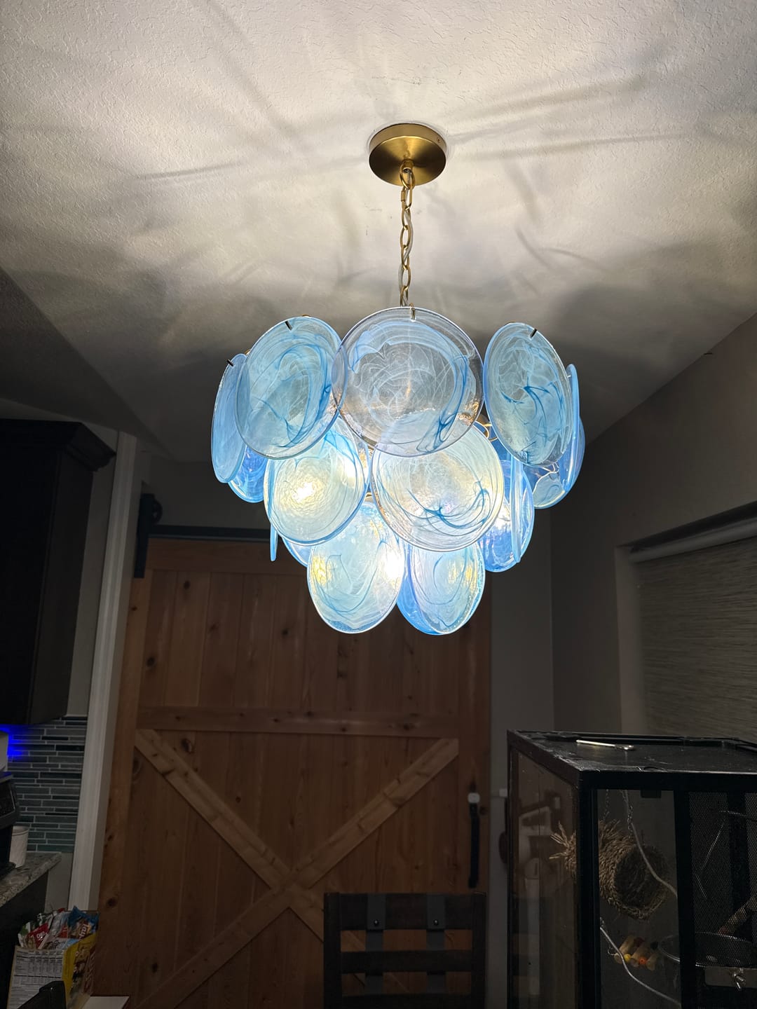 Customer photo review of Glam Blue Iridescent Swirl Glass Round Tiered Chandelier