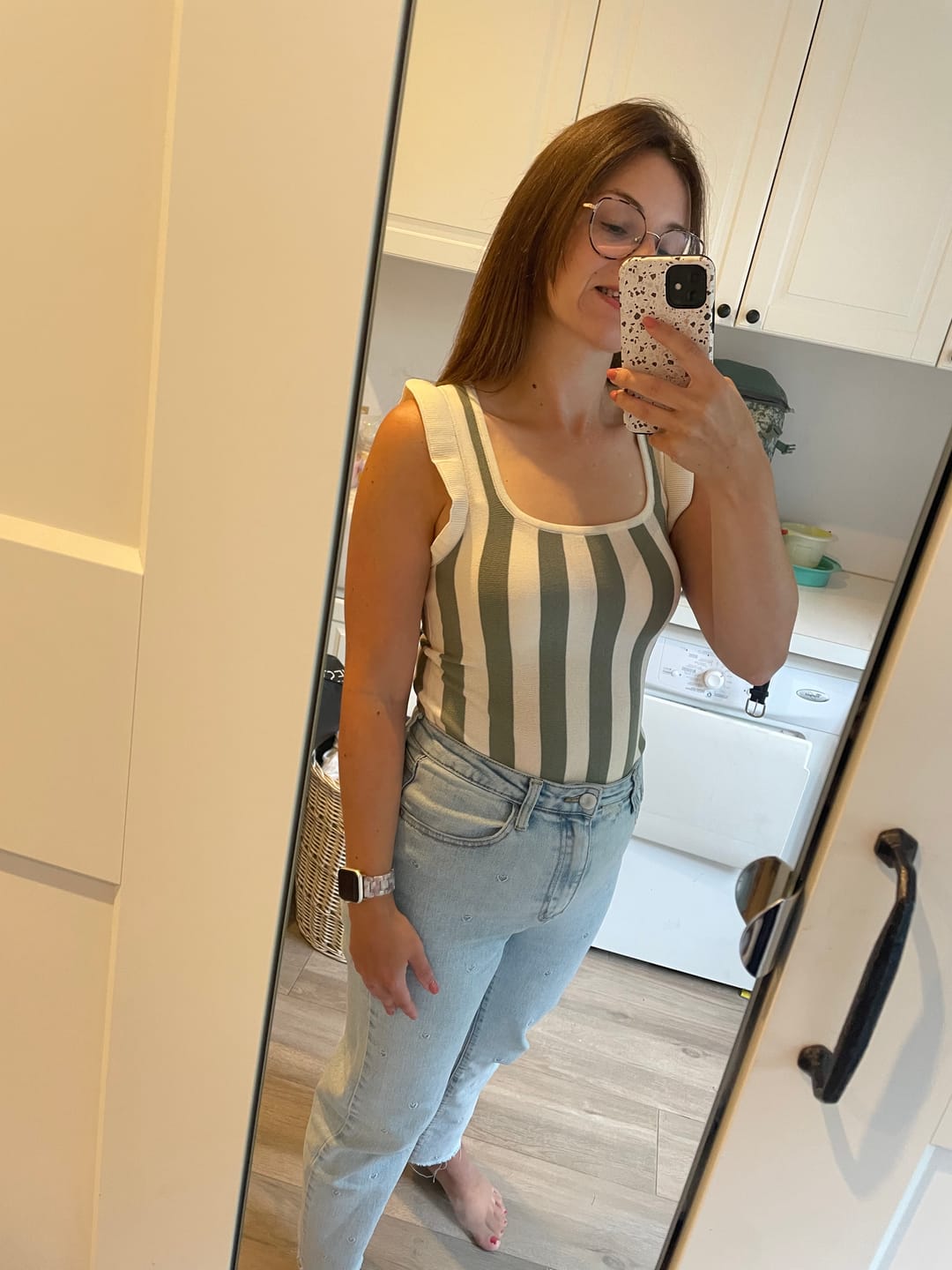 Customer photo review of LOVELY RUFFLE TOP - KAKI/CREAM STRIPES