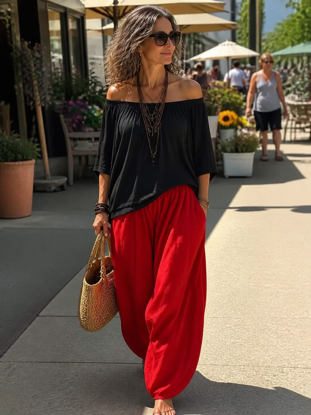 Customer photo review of Pleated Solid Color Off-The-Shoulder Batwing Sleeves Blouses&Shirts Tops + High Waisted Elasticity Pants Trousers Two Pieces Set