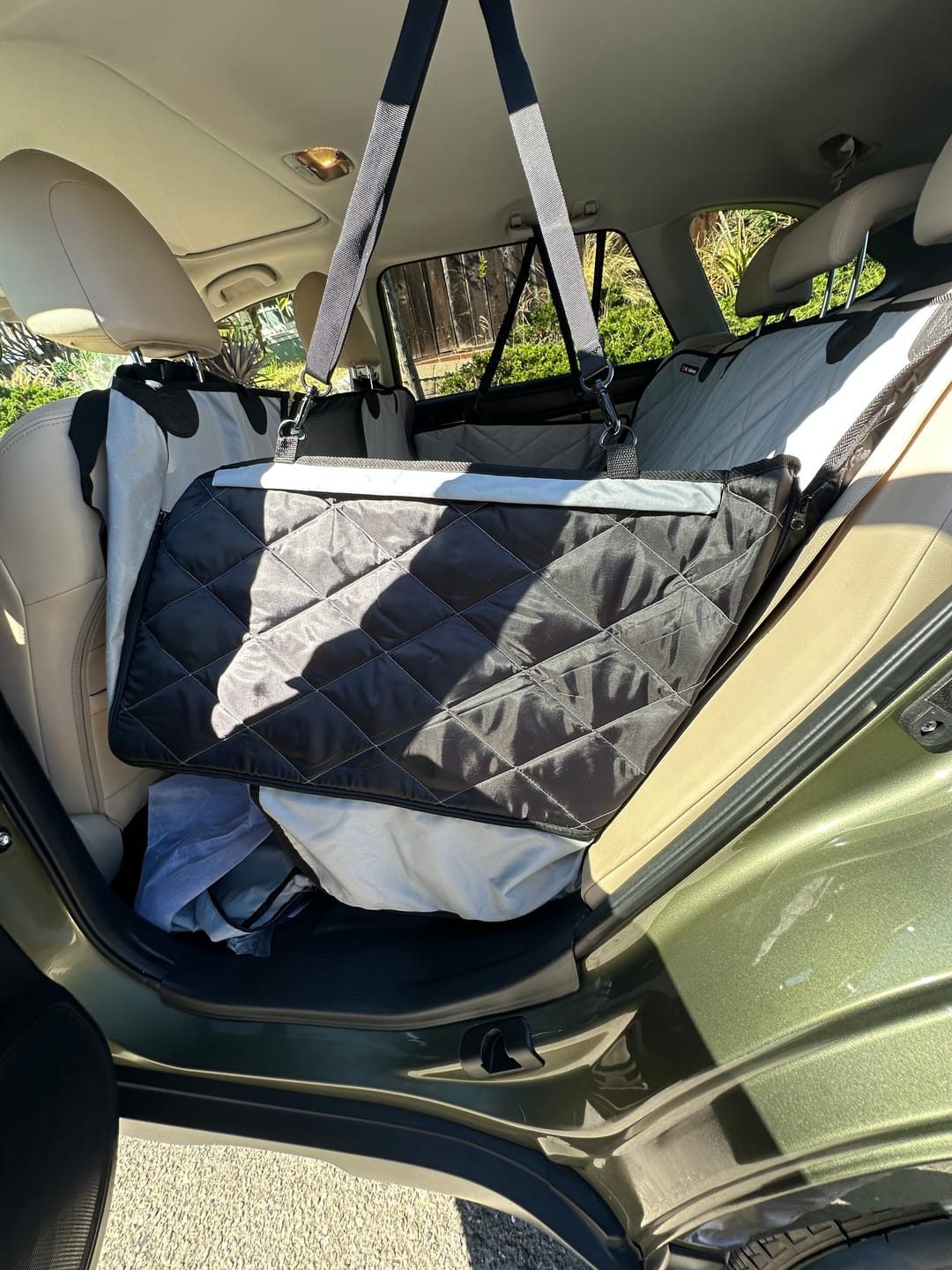 Customer photo review of 4Knines Hard Bottom Extender Car Seat Cover for Dogs - Regular