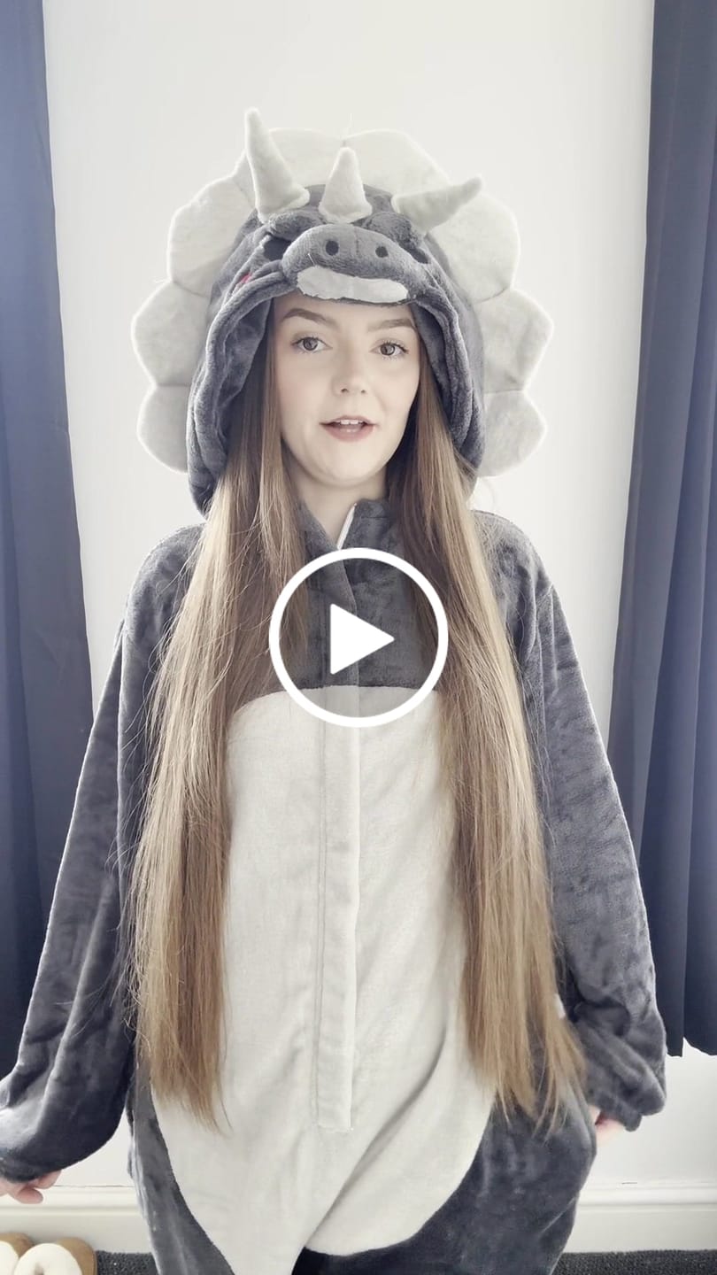 Customer video review of OLAOLA Unisex Adult Plush Triceratops Animals Onesie Dragon Pajamas Warm Home One-Piece Sleepwear