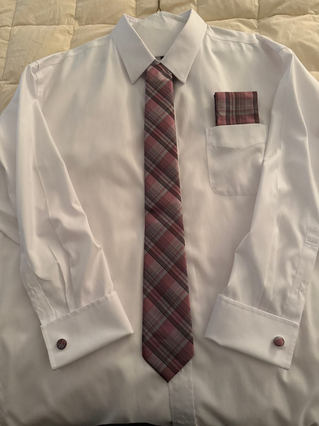 Customer photo review of Pink Black Line Plaid Silk Fabric Tie Hanky Cufflinks Set