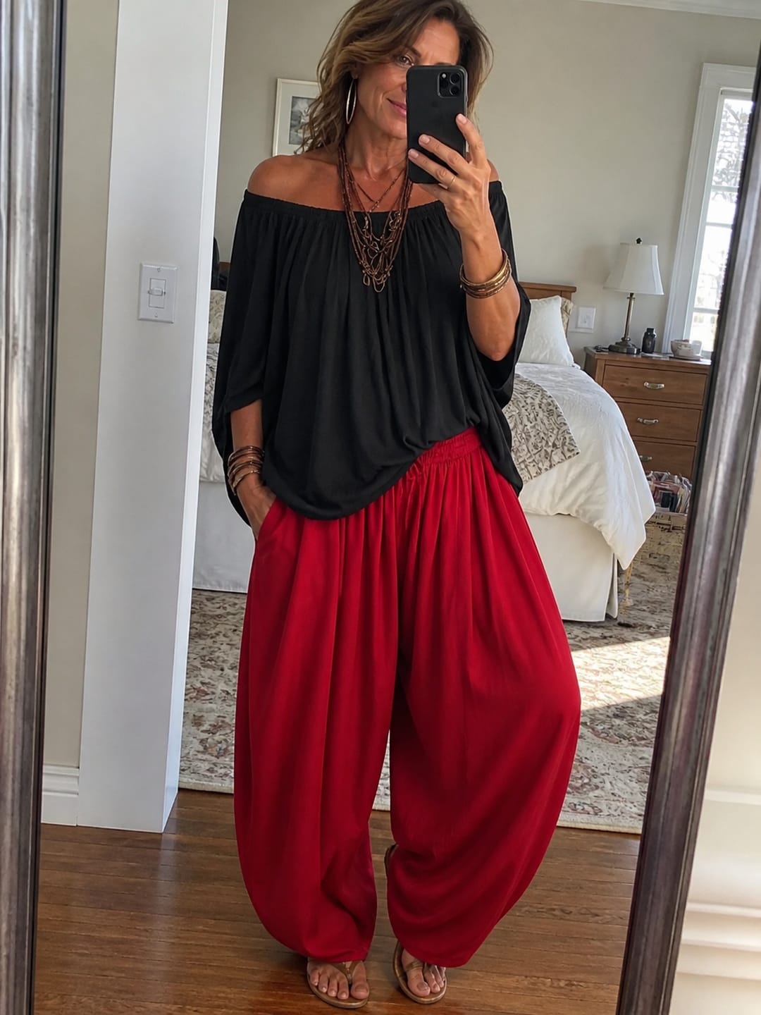 Customer photo review of Pleated Solid Color Off-The-Shoulder Batwing Sleeves Blouses&Shirts Tops + High Waisted Elasticity Pants Trousers Two Pieces Set