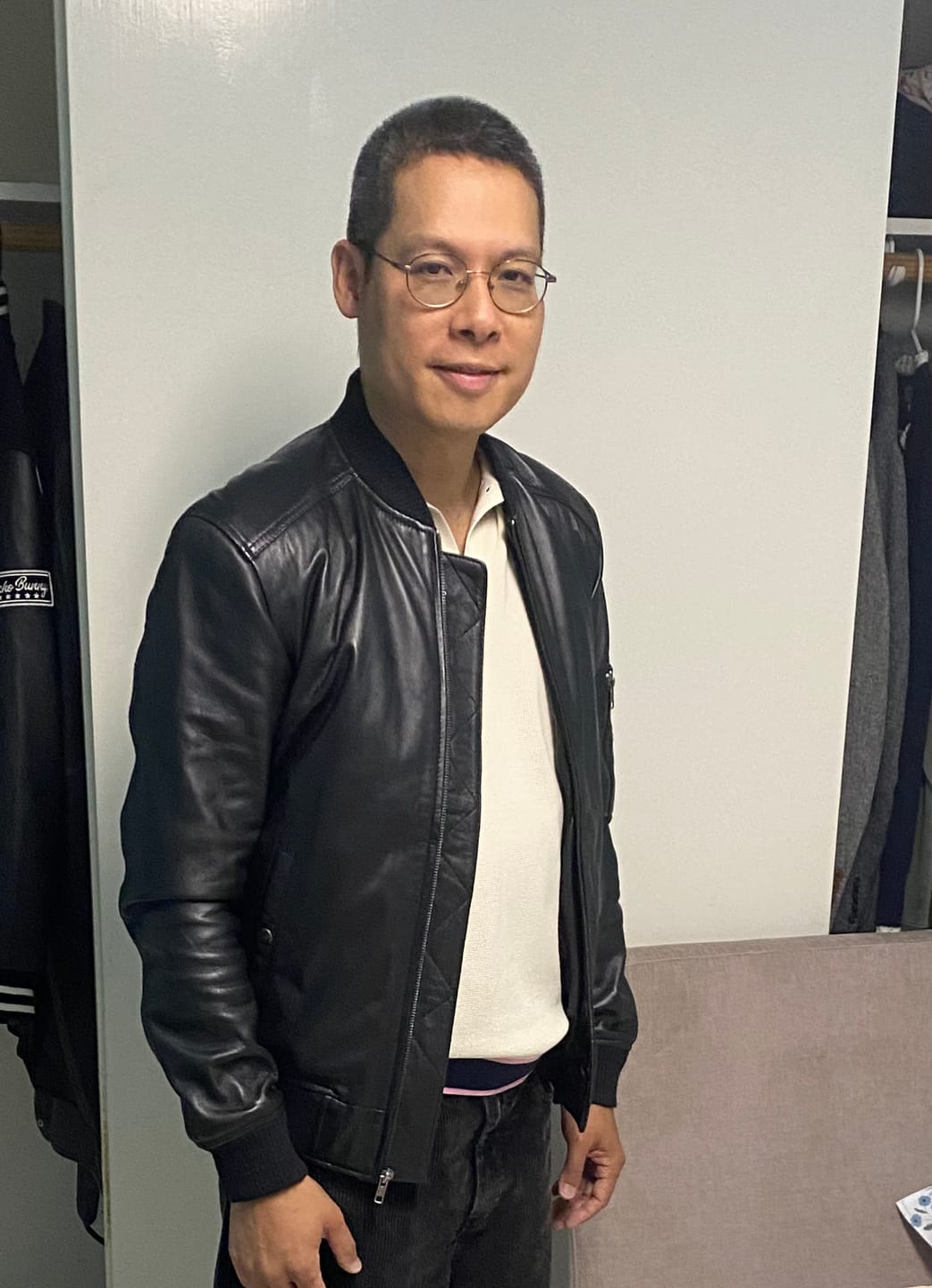 Customer photo review of Bryan Men's Black Lambskin Leather Bomber Jacket