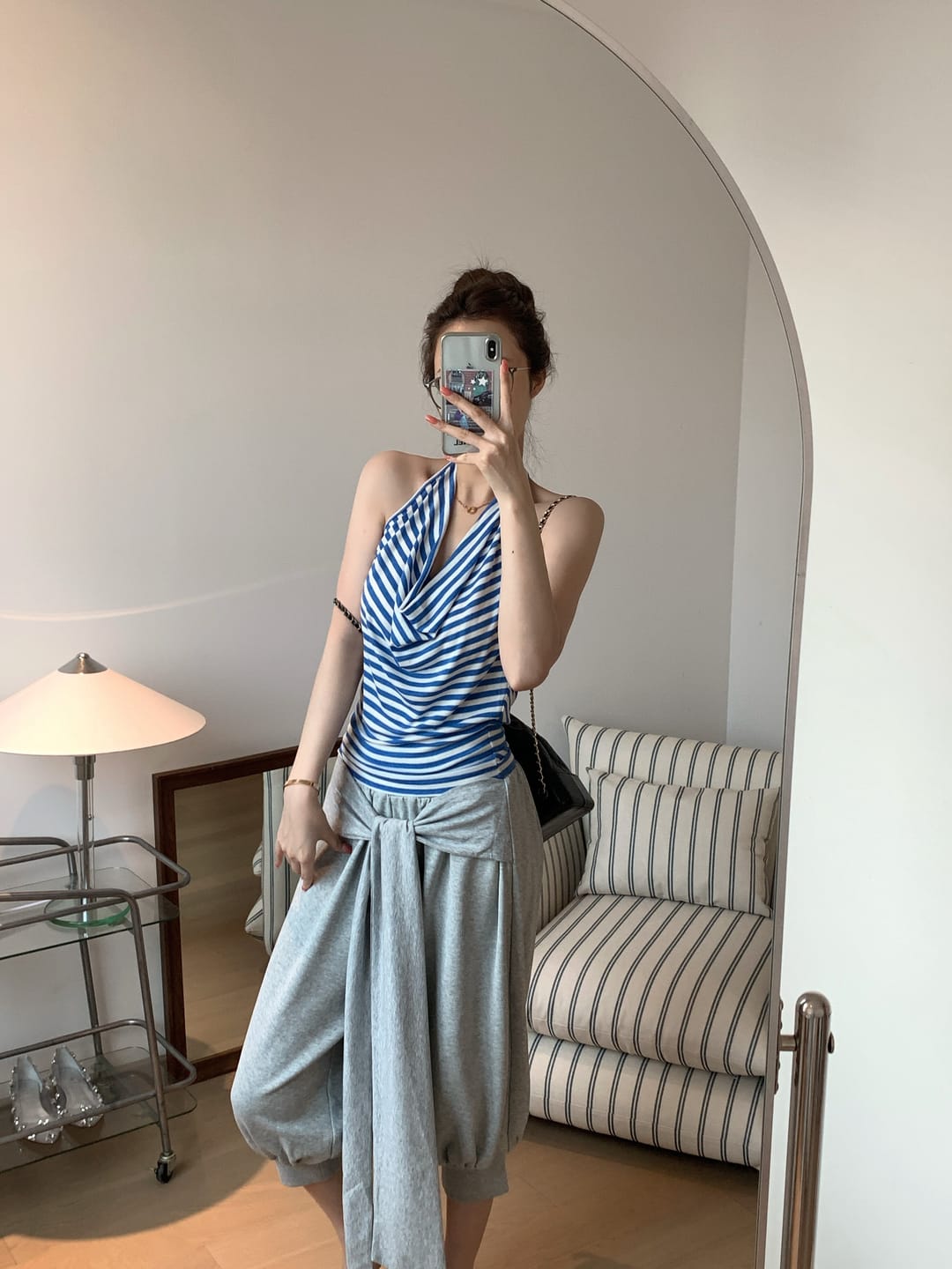Customer photo review of IAMXIAA Striped Open-Back Cowl Neck Halter Tie Top