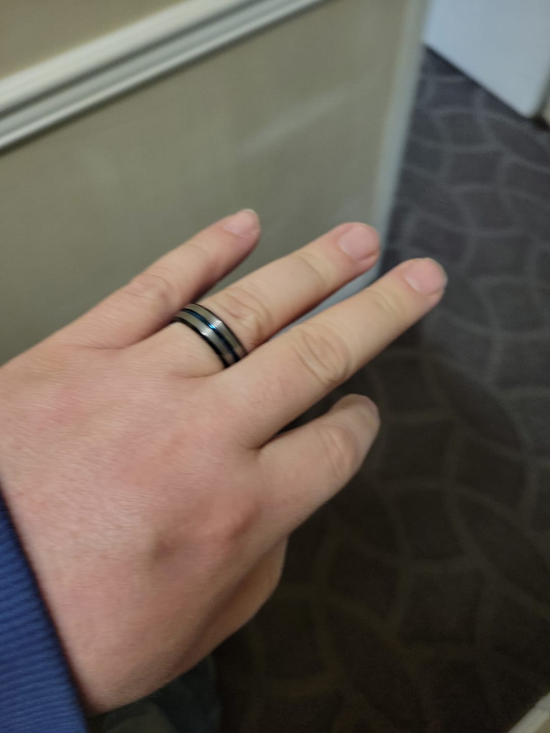 Customer photo review of 8mm Black Tungsten Carbide Wedding Band w/ Blue Groove brushed center