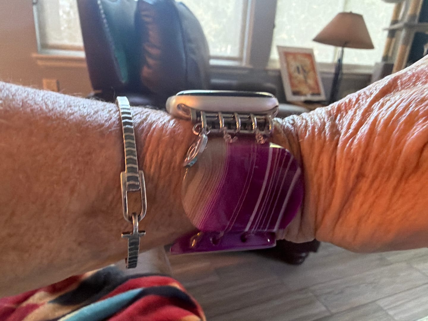 Customer photo review of Mystic Plum Agate Stretch Apple Watch Strap