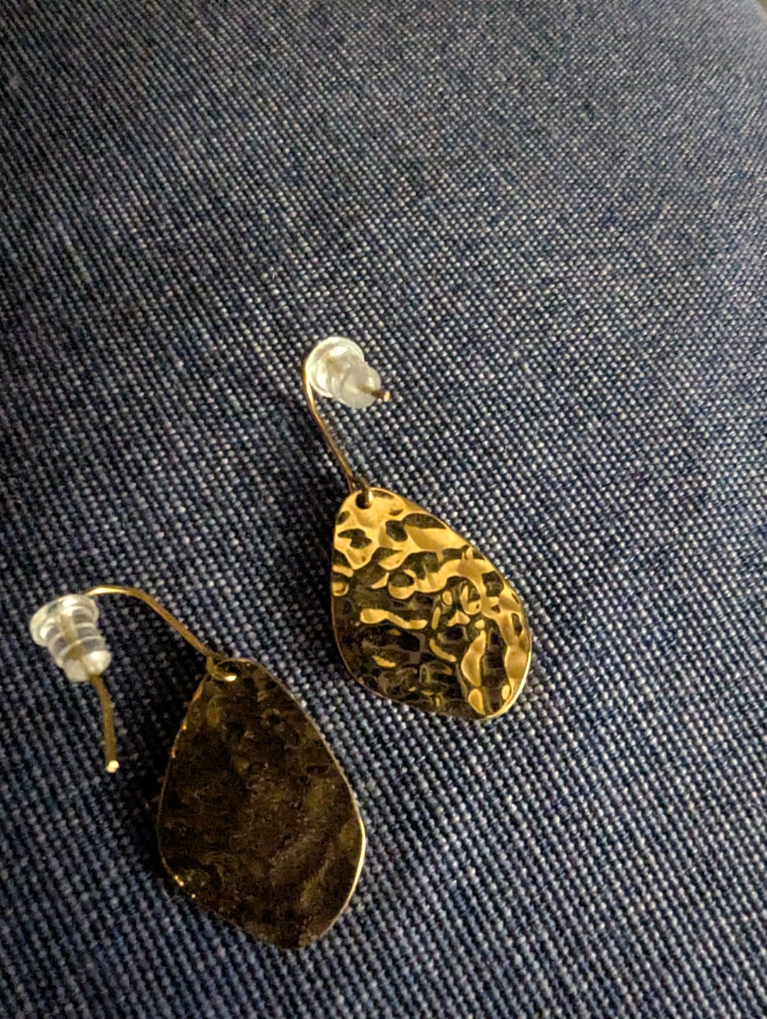 Customer photo review of Amaya Hammered Gold Drop Earrings