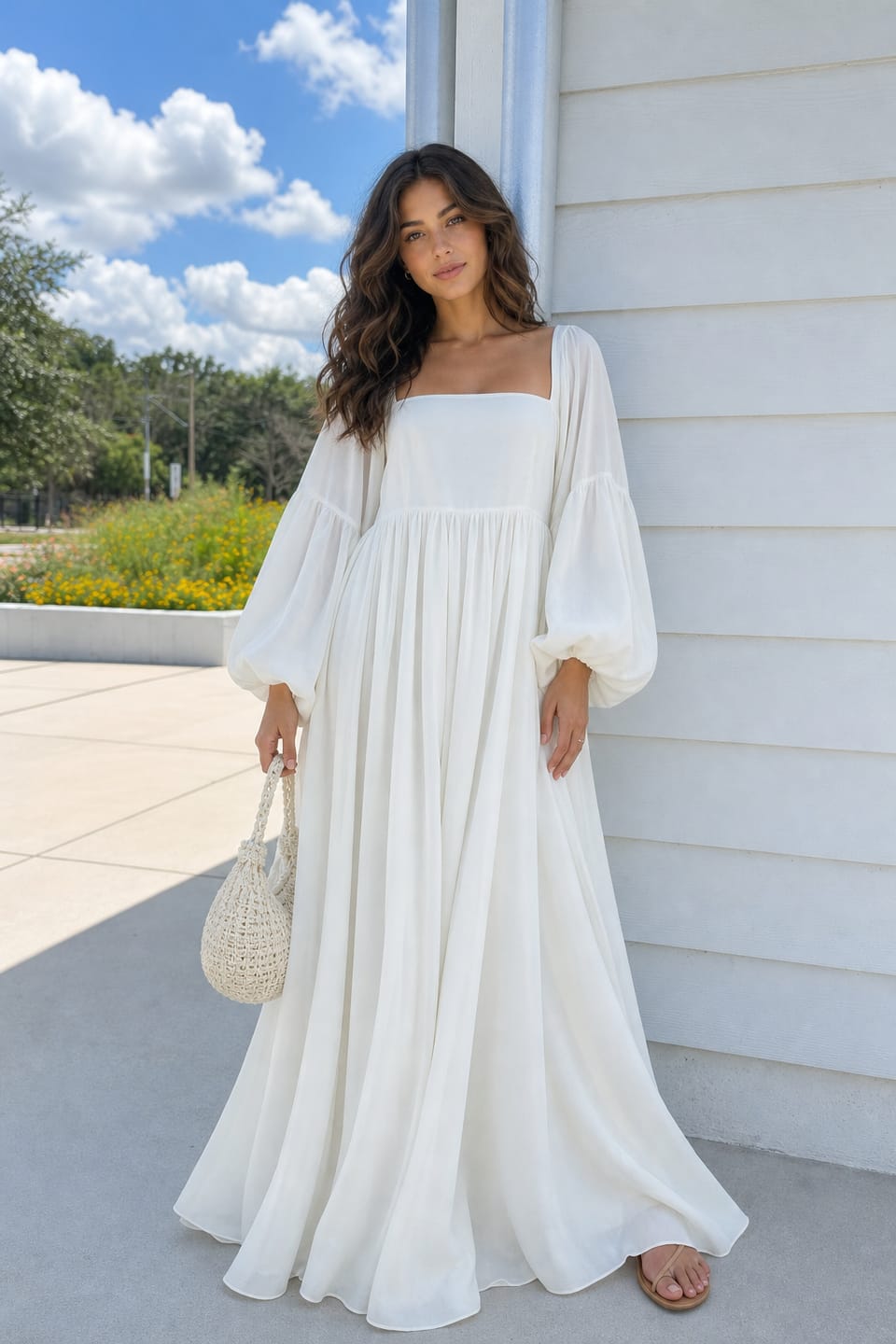 Customer photo review of Zipper Split-Joint Solid Color Elasticity Backless Puff Sleeves Loose Square-neck Maxi Dresses
