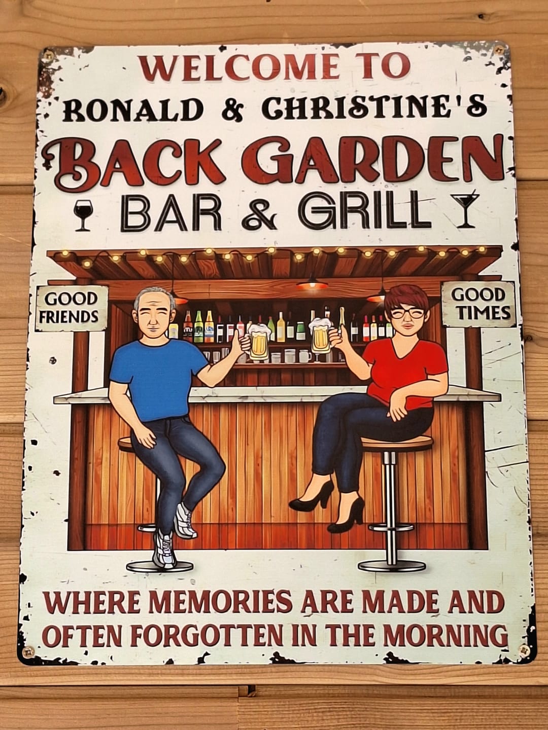 Customer photo review of Patio Where Memories Are Made And Often Forgotten In The Morning - Personalized Vertical Metal Sign