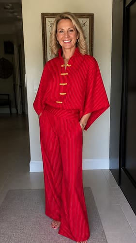 Reviewer wearing a red striped blouse with frog-button details and batwing sleeves, paired with matching trousers.