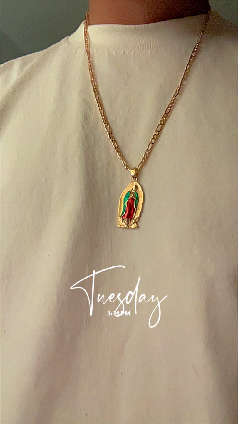 Customer photo review of FREE Today: Elegant Sunburst Border Enamel Virgin Guadalupe Pendant Chunky Figaro Chain