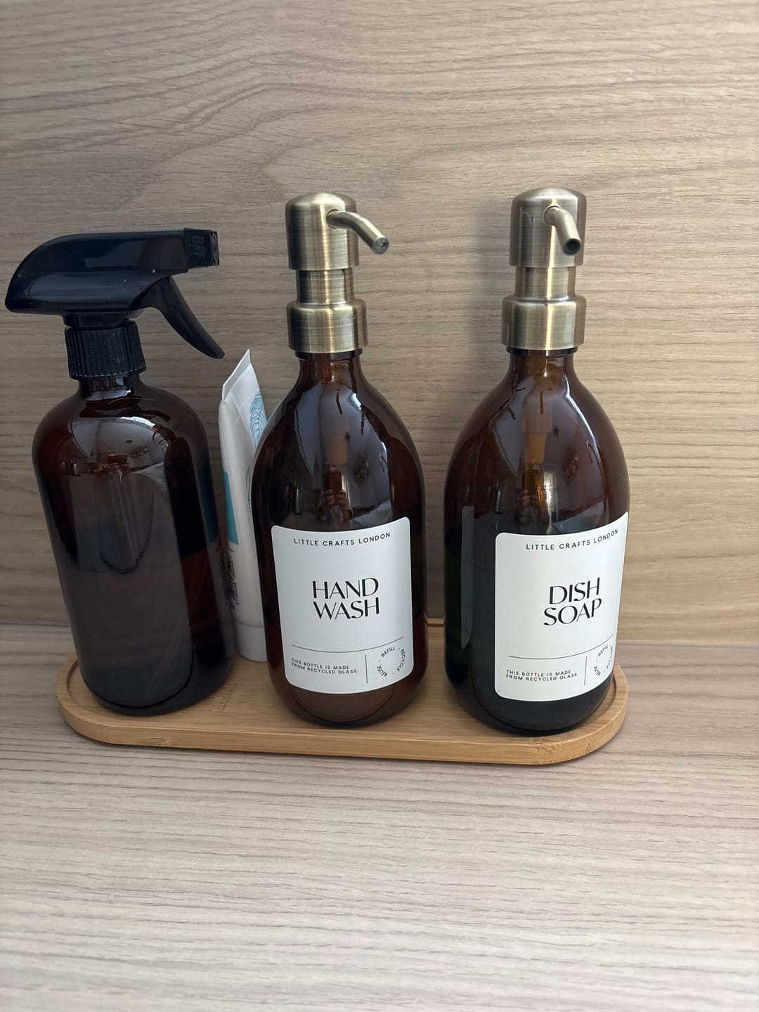 Customer photo review of 500ml Amber Glass Bottle with Metal Pump White Label