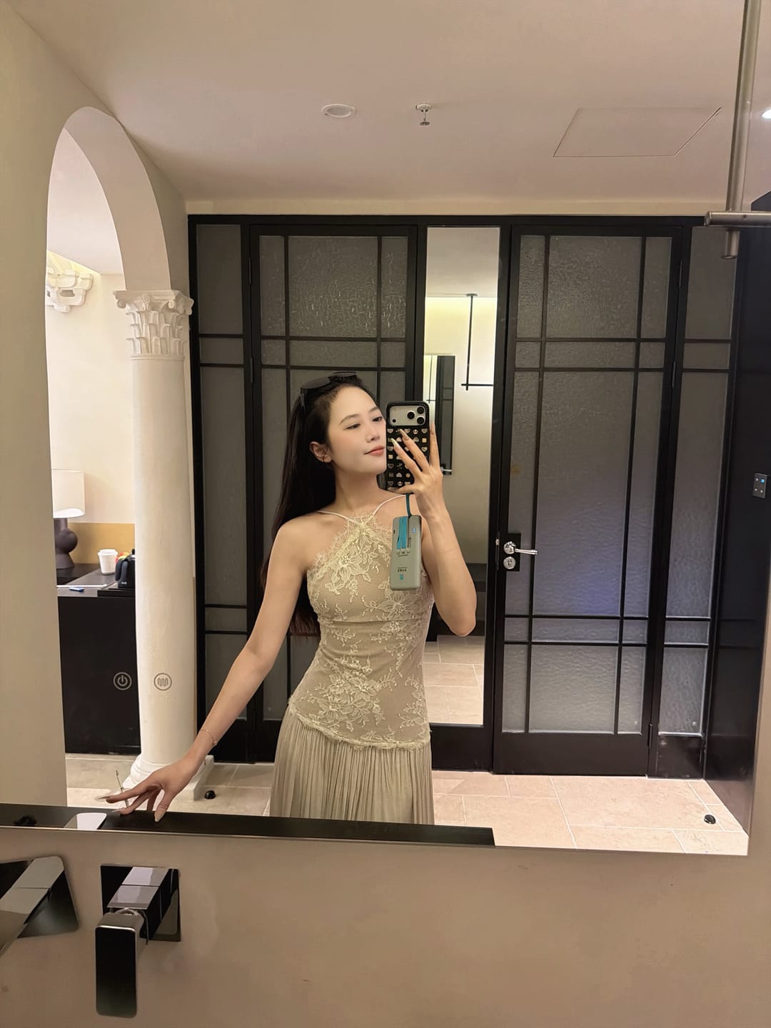 Customer photo review of ROVENTE Embroidered Lace Halter Dress With Gathered Hem