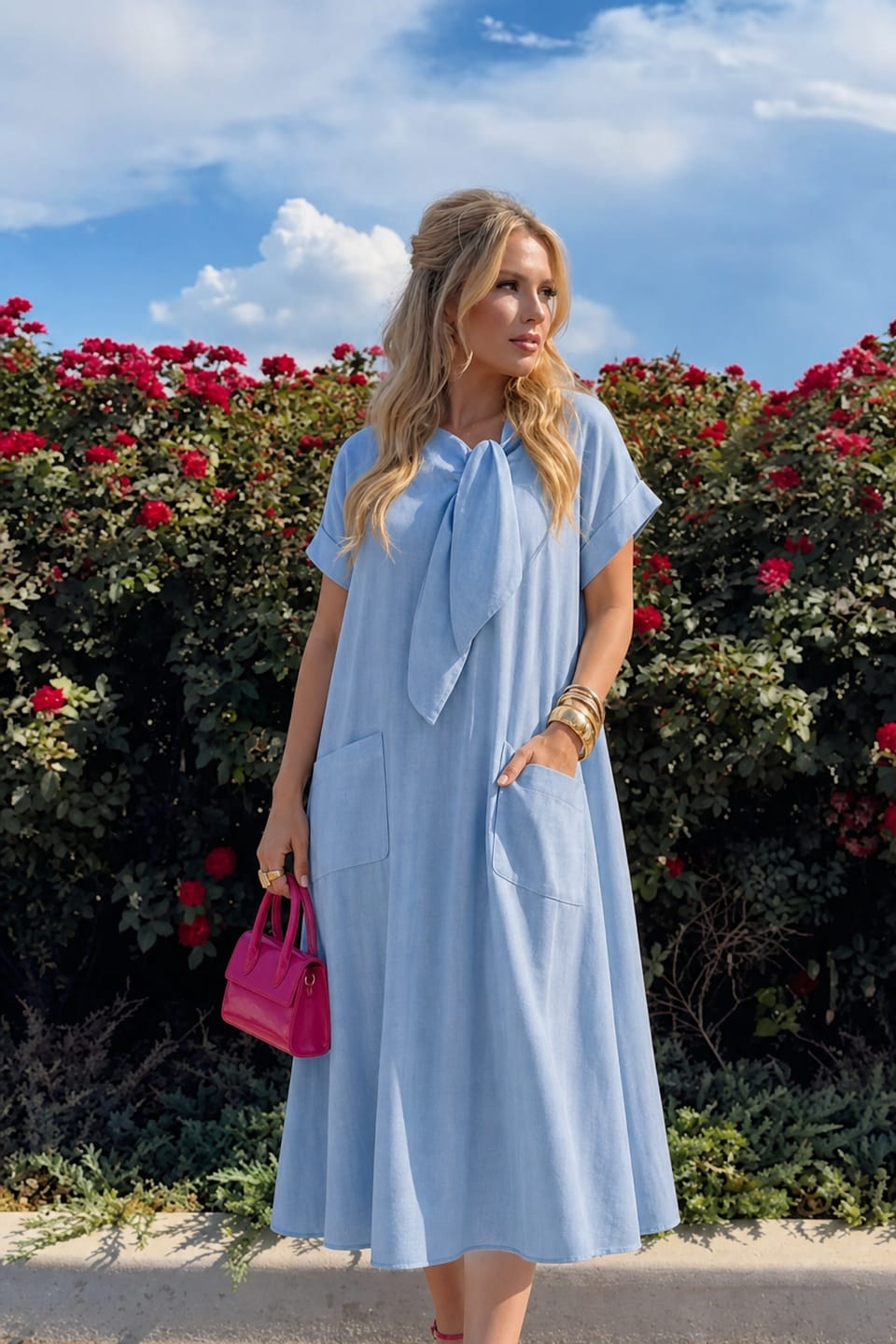 Customer photo review of Loose Plus Size Asymmetric Knot Pockets Solid Color Bow Collar Maxi Dresses