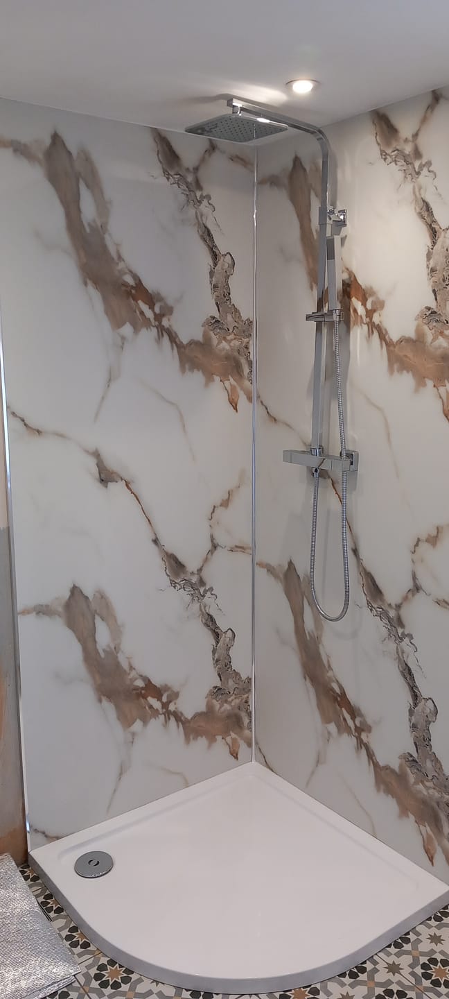 Customer photo review of 10mm Calacatta Marble Ultra Matt Shower Panel 1M x 2.4M