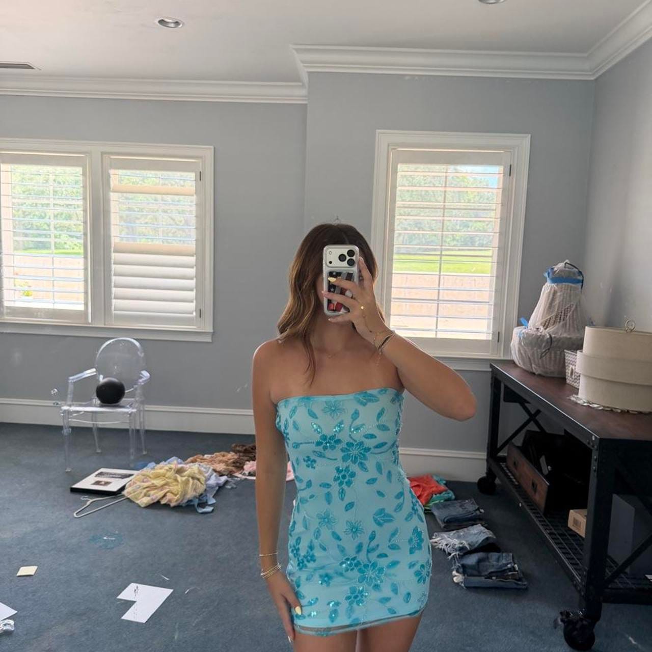 Customer photo review of Strapless Blue Sequin Appliques Short Dress