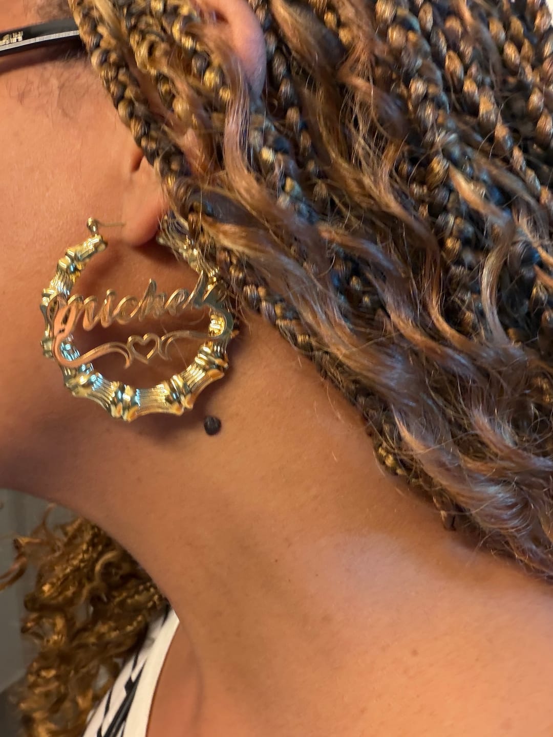 Customer photo review of Heart Outline Bamboo Name Hoop Earrings