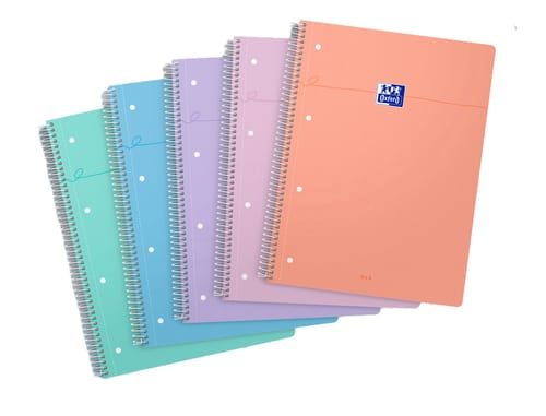 Customer's five OXFORD European Book spiral notebooks in assorted pastel colors, fanned out.