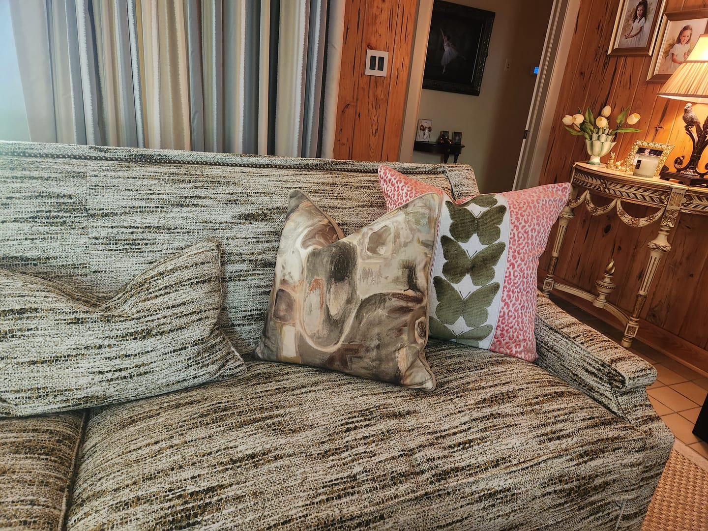 Customer photo review of Coral Leopard and Olive Butterfly Pillow Cover