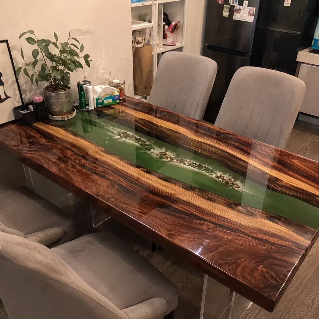 Customer photo review of Black Walnut with Swirl Green Epoxy Resin Dining Table