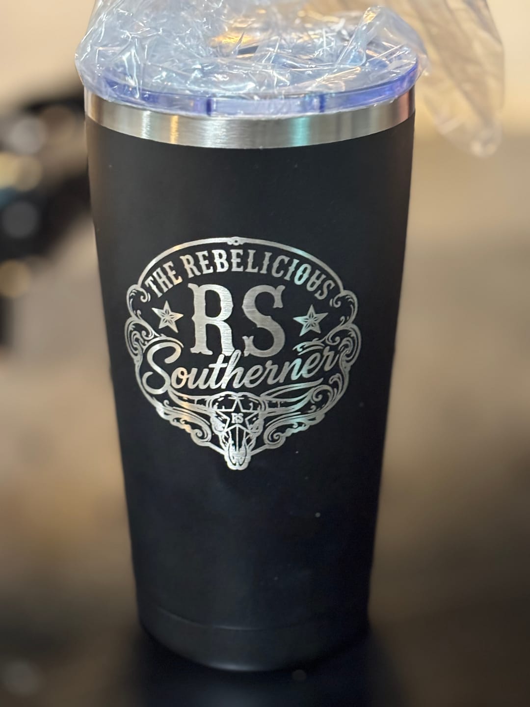 Customer photo review of $5 Sample - Custom 20 oz Tumbler with your Business Logo Engraved - Great Test Before Bulk Volume Order!