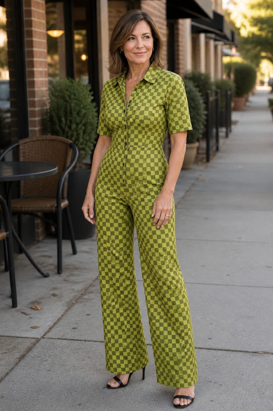 Customer photo review of Contrast Color Checkerboard Buttoned Wide Leg Half Sleeves Lapel Jumpsuits