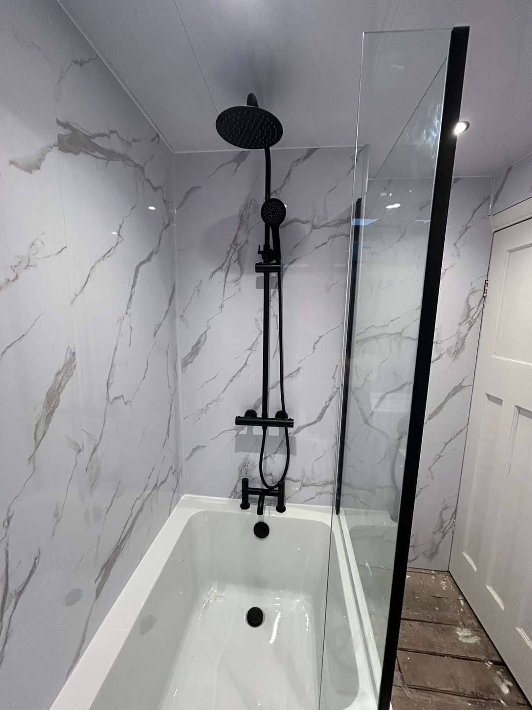 Customer photo review of Premium Carrara White Marble Gloss Shower Wall Panel - 1M x 2.4M