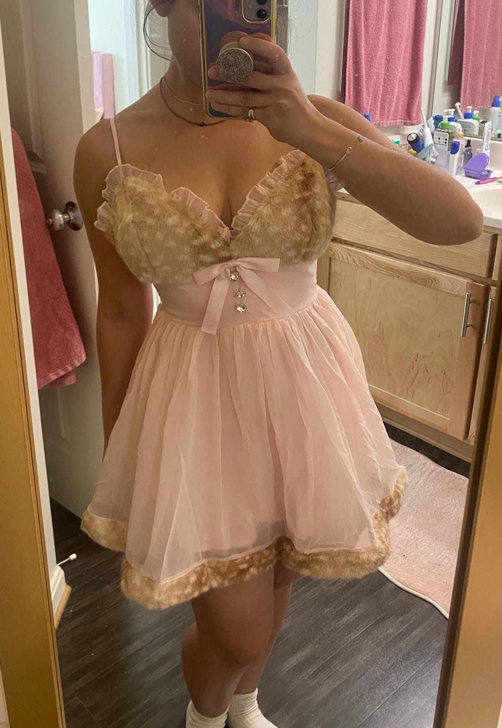 Customer photo review of Bambi Princess Fur Chiffon Babydoll Dress (Pink)