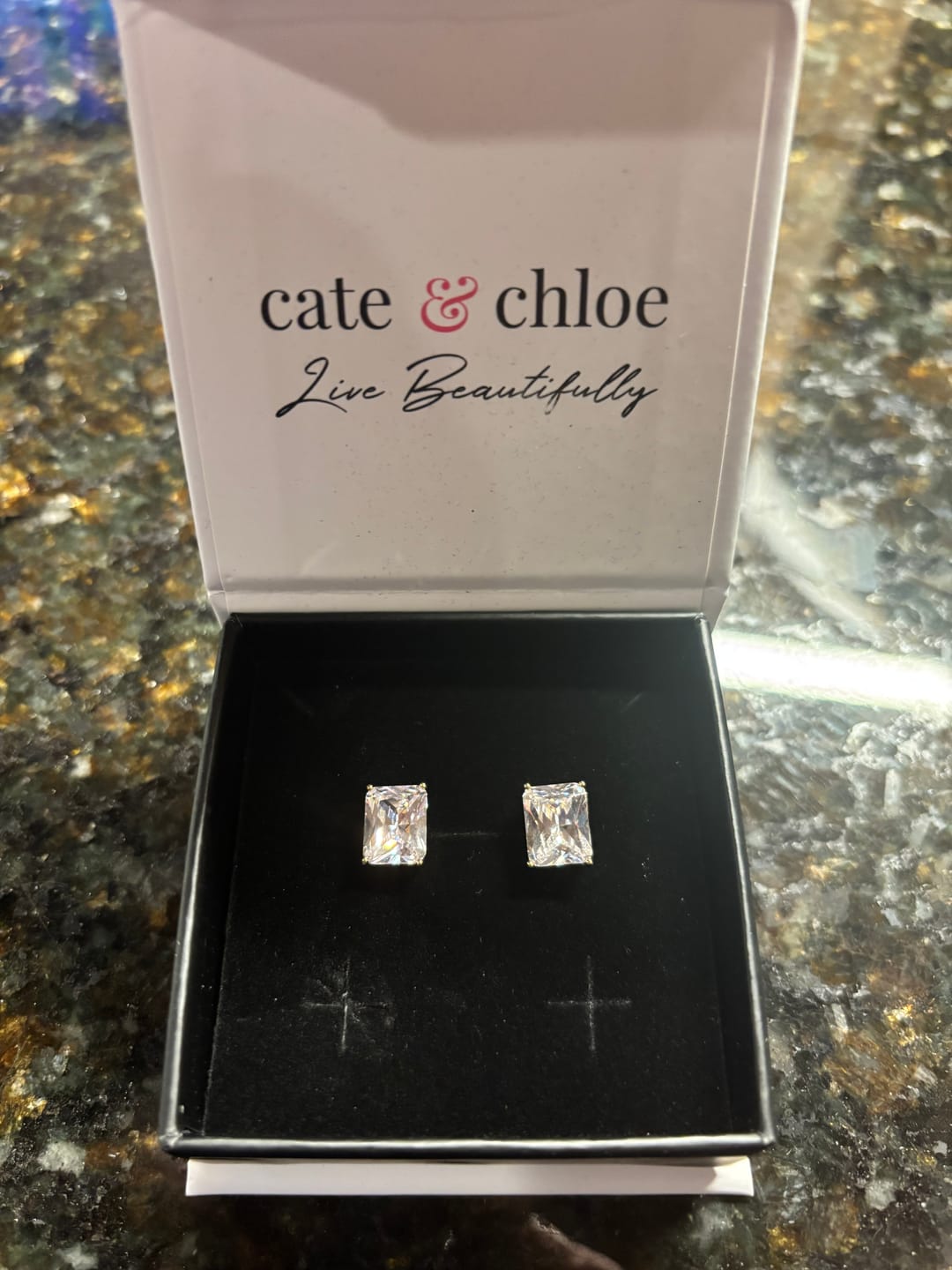 Customer photo review of Mia 18k White Gold Plated Sterling Silver Stud Earrings with Simulated Diamond Crystals