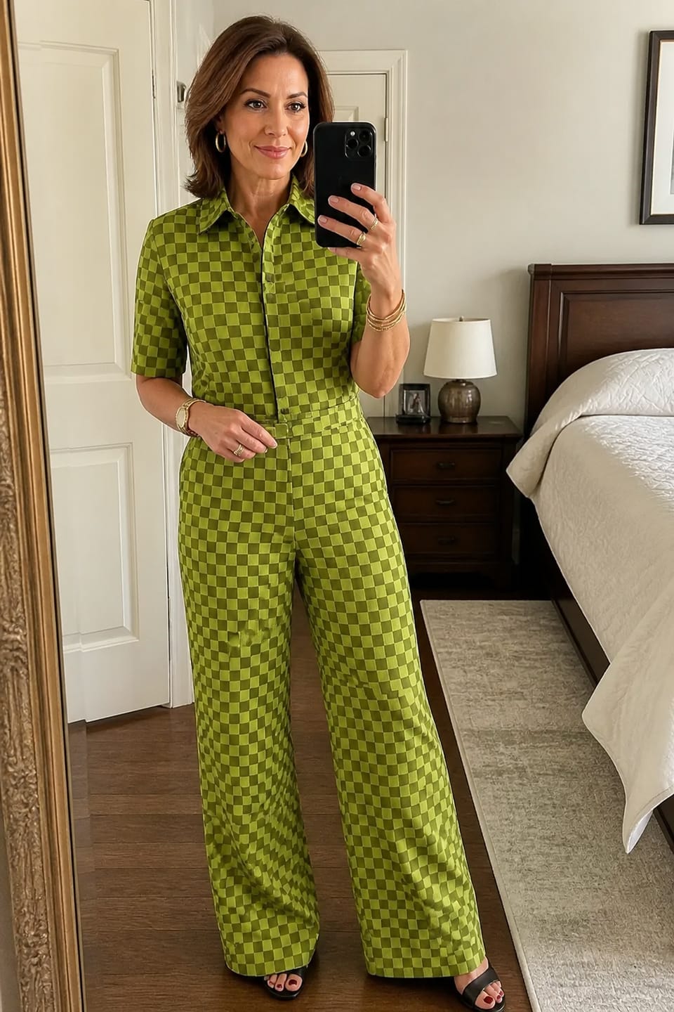 Customer photo review of Contrast Color Checkerboard Buttoned Wide Leg Half Sleeves Lapel Jumpsuits