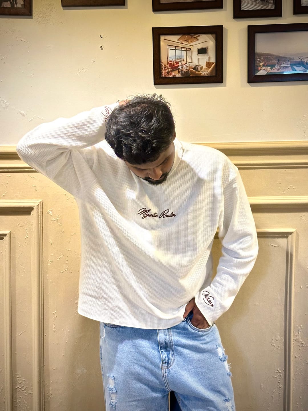 Customer photo review of White Embroidered Structure T-Shirt
