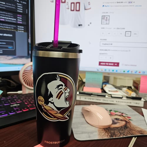 Reviewer's black To-Go Buddy cup with Florida State logo and pink straw on a desk in front of a computer monitor