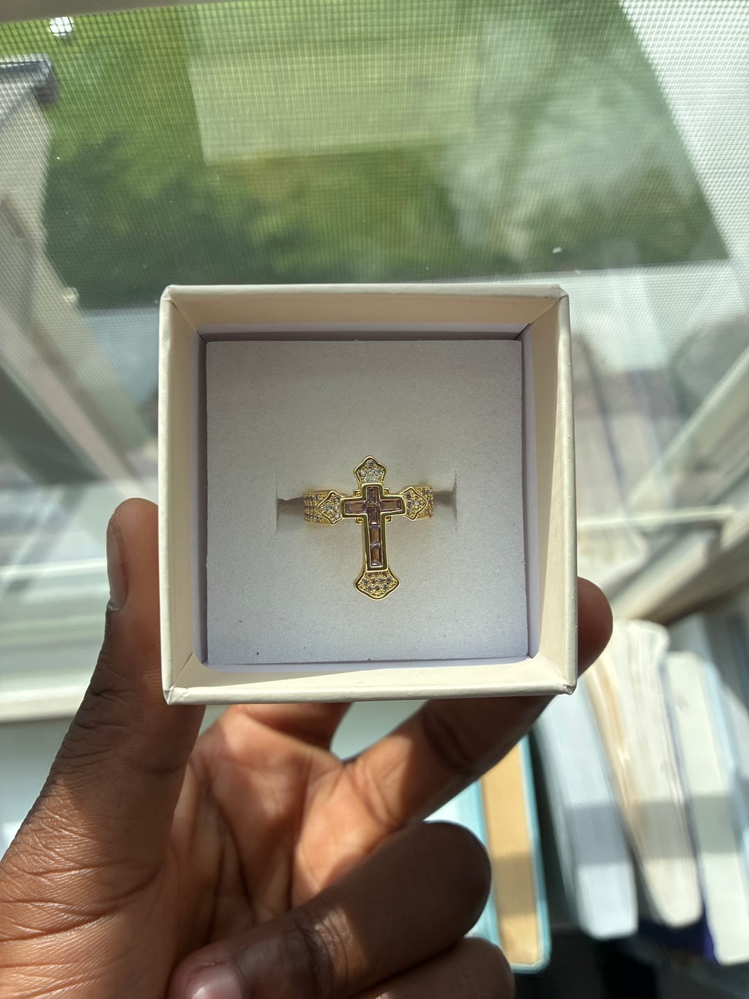 Customer photo review of Christianartworkshop Central Cross Motif Ring with Cubic Zirconia Accents: Carry His Care in Daily Wear