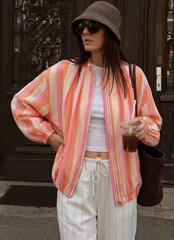 Customer photo review of Maya Striped Bomber Jacket