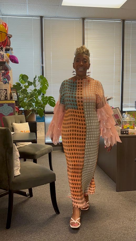 Customer photo review of Look 1236 Pleated Polka Dot Statement Maxi Dress | Preorder