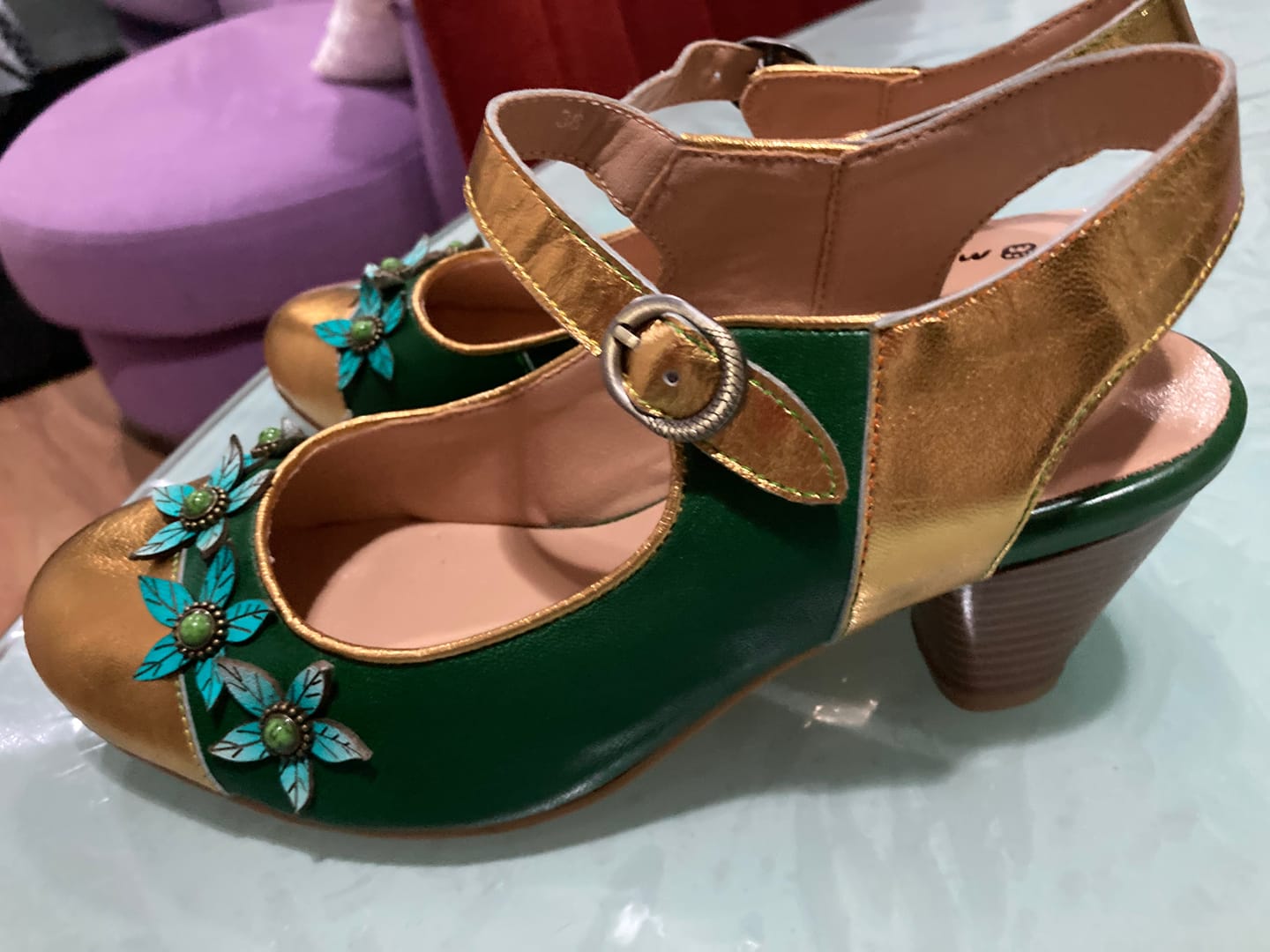Customer photo review of Gold and Green Floral Mary Jane Pumps