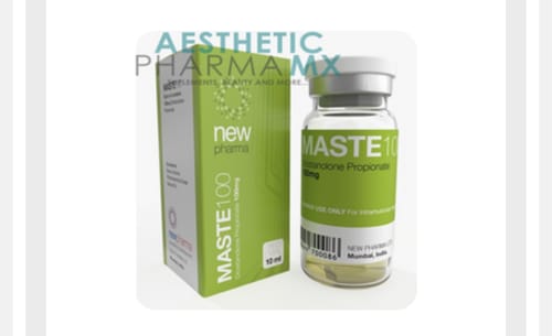 Reviewer's New Pharma Masteron bottle and matching green box for a 10ml product.