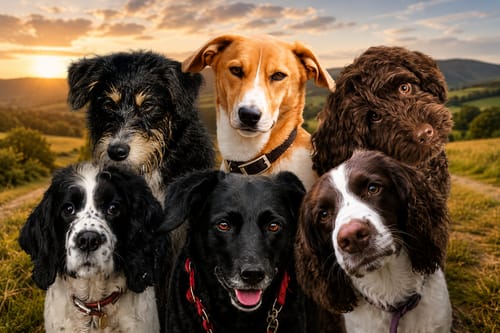Customer's result from Professional Brushes showing a detailed portrait of five dogs in a meadow at sunset