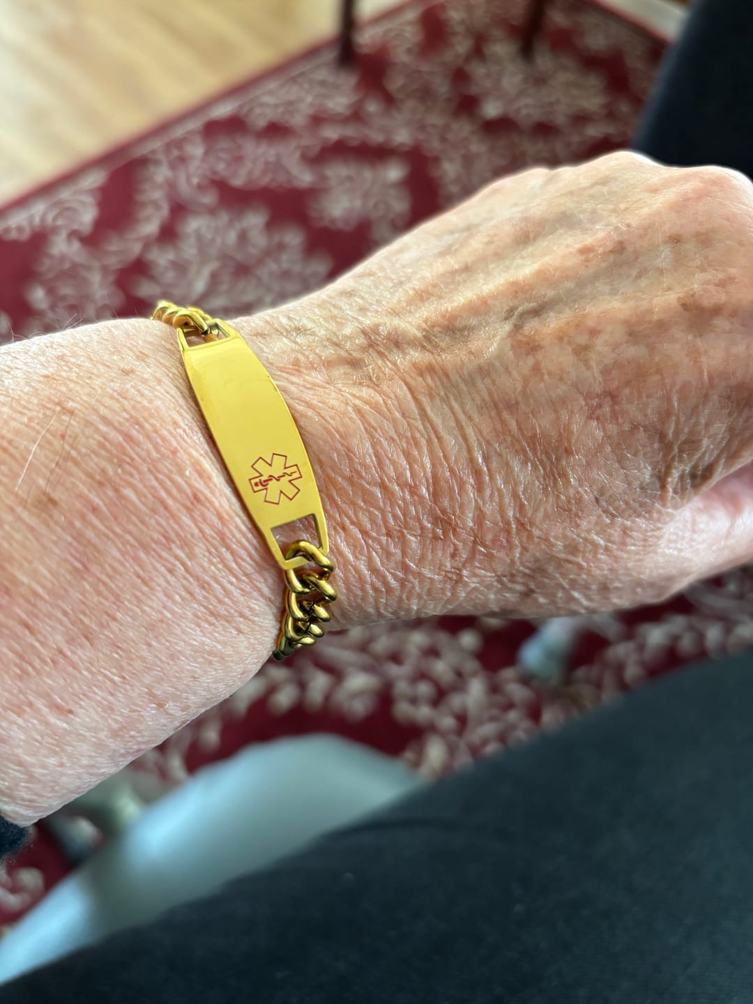 Customer photo review of Personalised Gold Colour Medical Alert Chain Bracelet