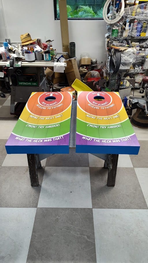 Customer photo review of Challenge Circles - Cornhole Board Wrap - Set of 2