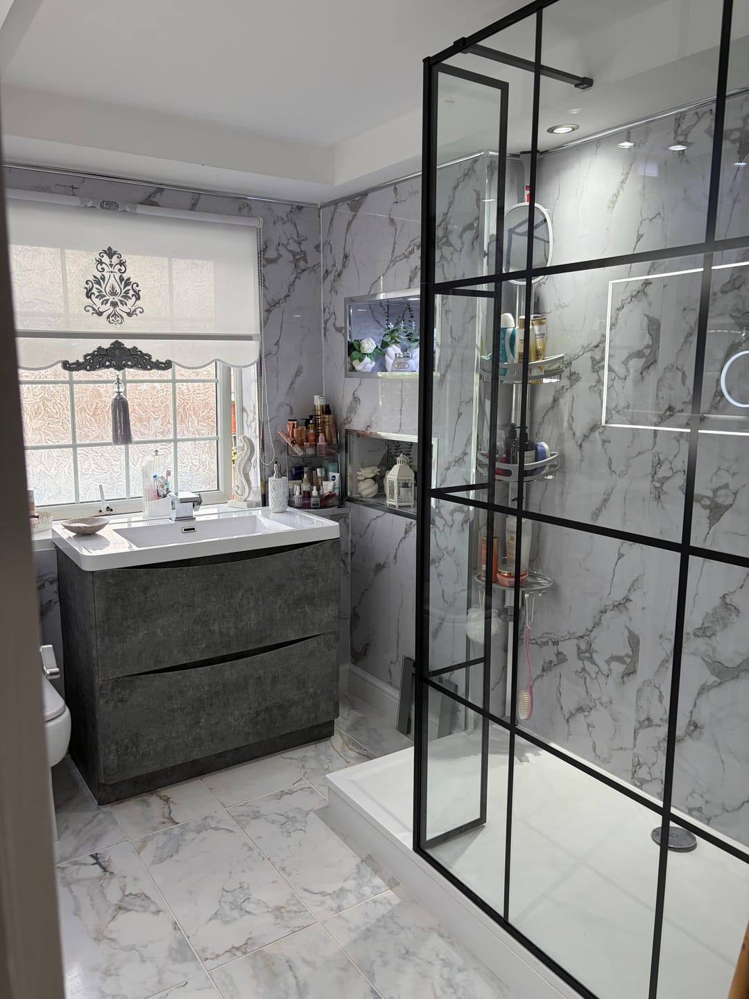 Customer photo review of Premium White Calacatta Gloss Shower Wall Panel – 1M x 2.4M