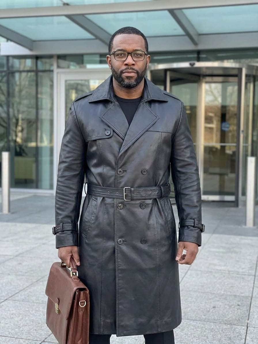 Customer photo review of Mens Belted Double Breasted Black Leather Trench Coat