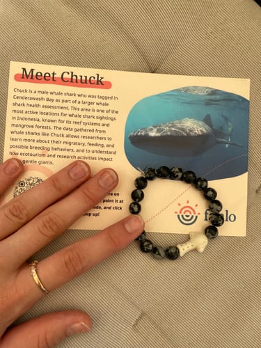 Customer's The Quest Bracelet and the Meet Chuck information card featuring a whale shark picture.